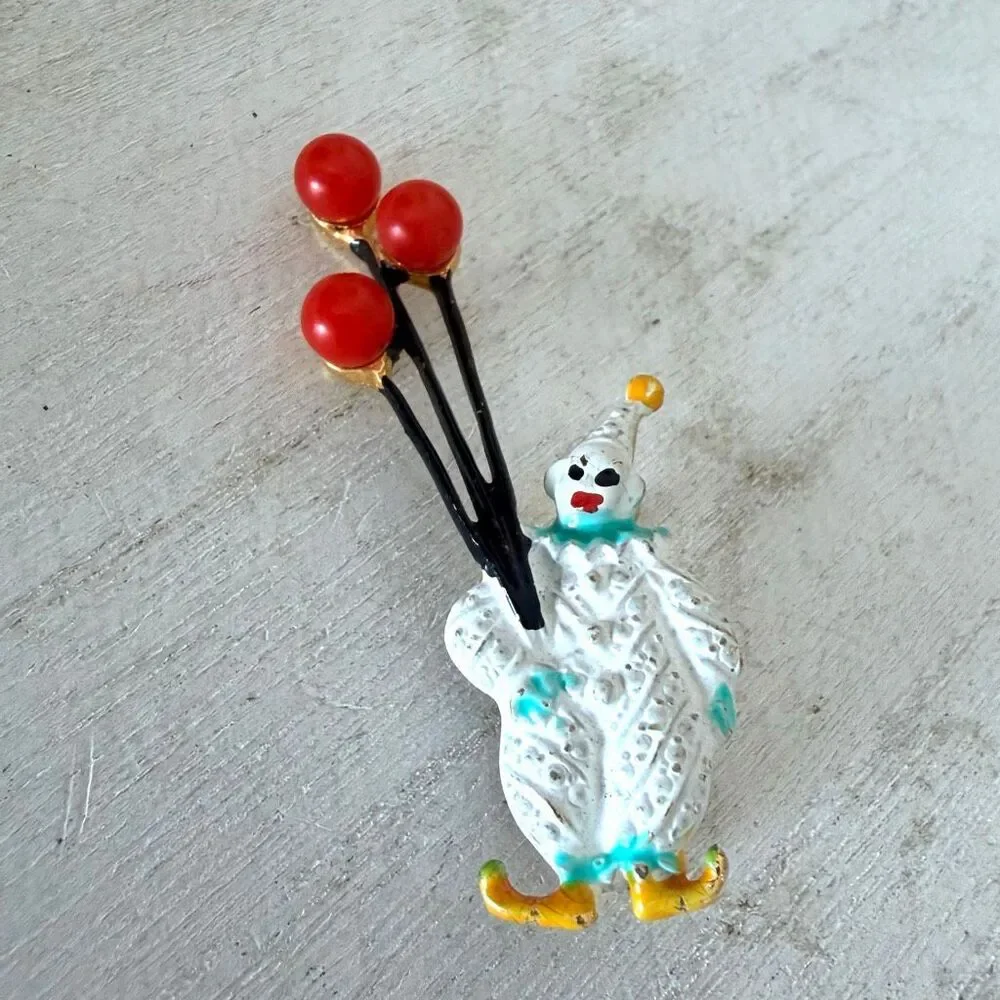Vintage Enamel Clown Juggling Red Balloons Gold Tone Brooch
